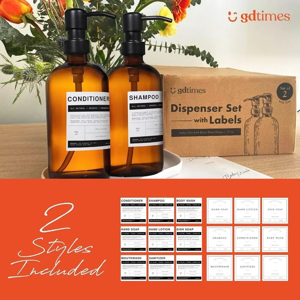 gdtimes Dispenser Set‎ With Labels - Amber Bottles With Black Pumps 17 Oz